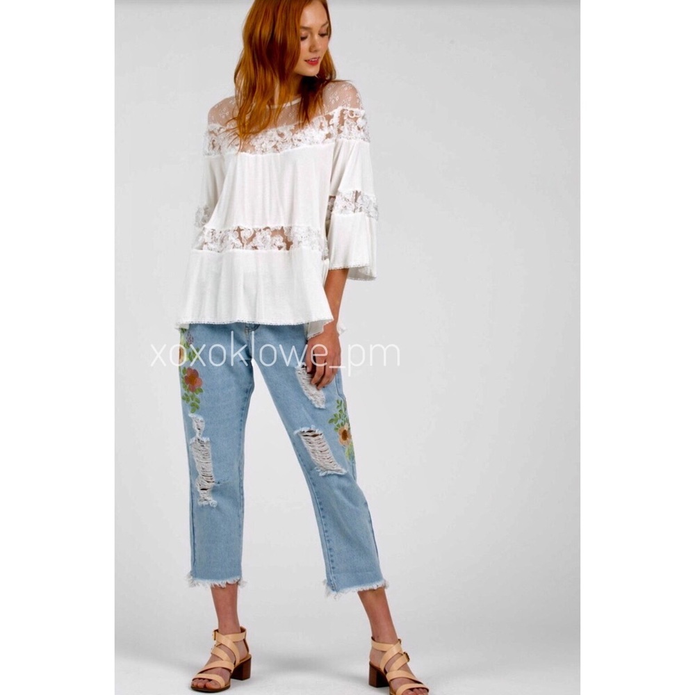 POL Ivory Rayon Jersey Lace Boho Top | 3D Floral Lace Sequin Detail Blouse - Picture 7 of 9